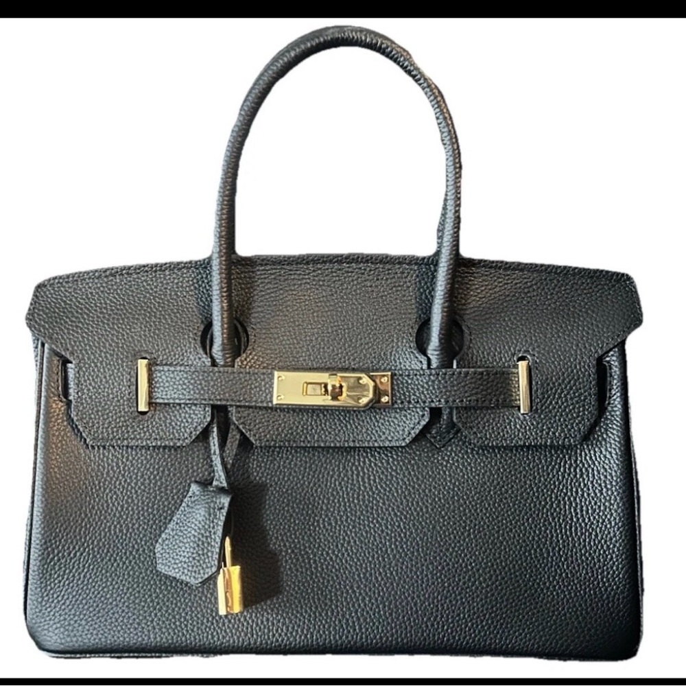 BK style Black Leather Handbag with Gold Accents
